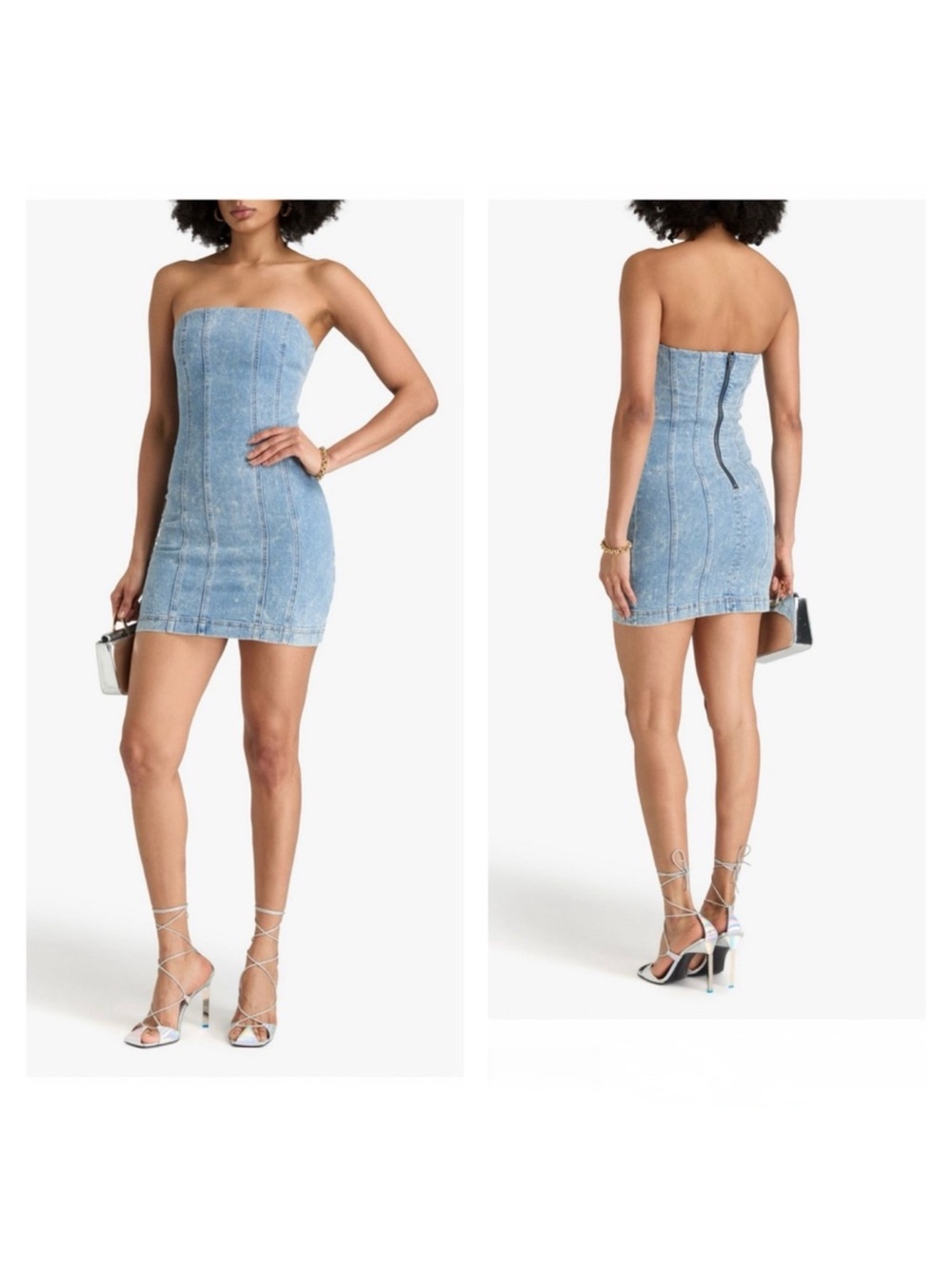 New! Alice + Olivia Palmer Strapless Bodycon Denim Mini Dress - Picture 3 of 11